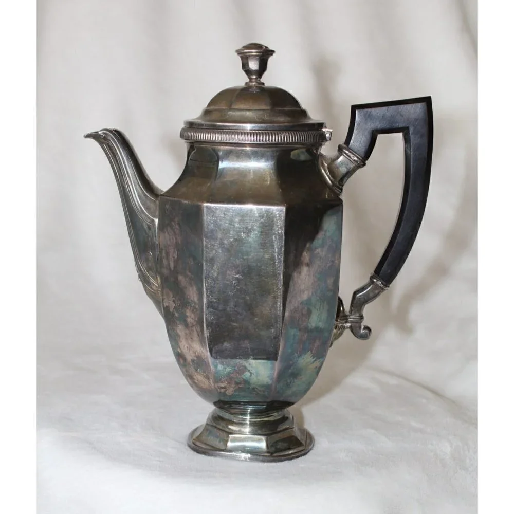 Antique Christofle France silver plated pitcher hot water wood handle art Deco